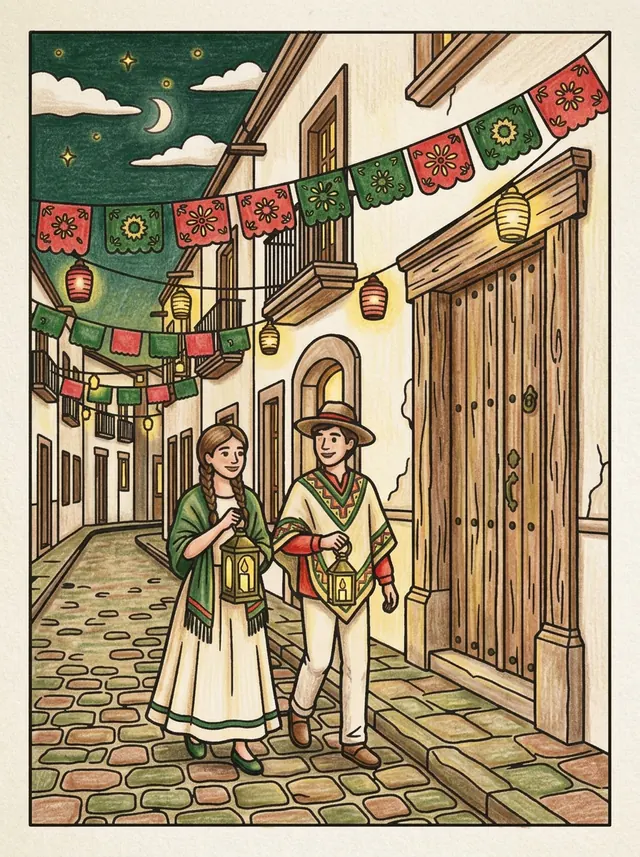 Colored page showing a couple with lanterns on a cobbled street decorated with papel picado
