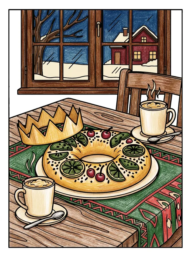 Colored page showing a roscón de Reyes on a table