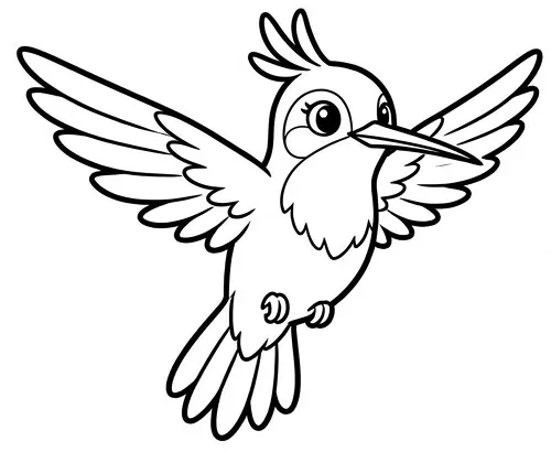 Dibujo de Chispa, un colibrí pequeño con un penacho de tres plumas y las alas abiertas