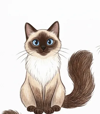 Dibujo de Mochi sentado, con los ojos azules, el pecho blanco y la cola de plumero