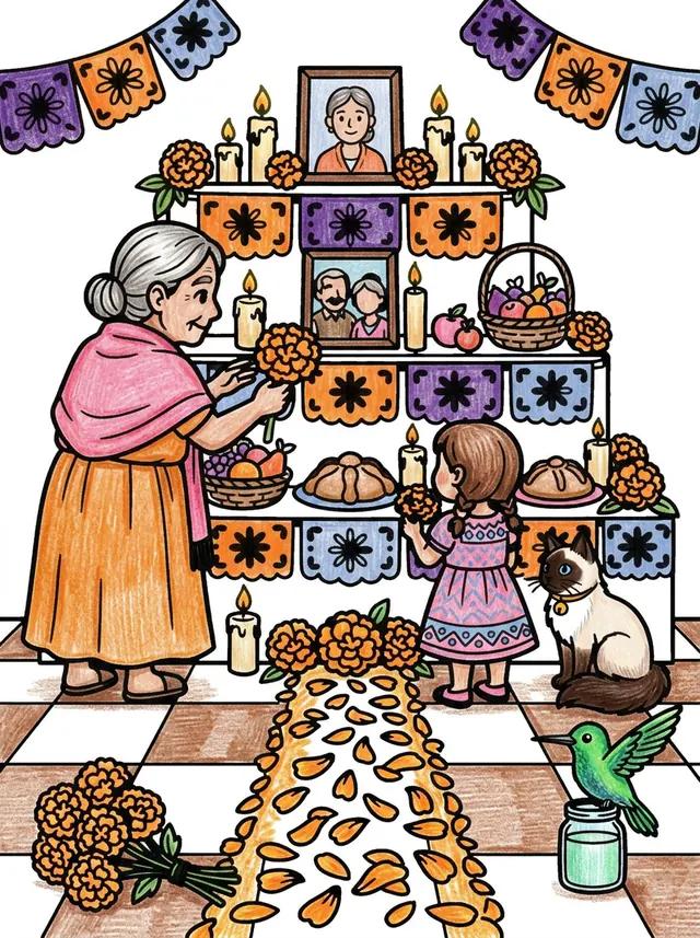 Lámina coloreada: una abuela y una niña preparan una ofrenda con flores de cempasúchil y velas mientras Mochi las mira