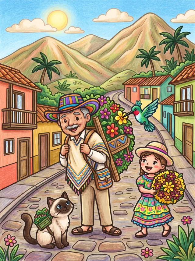 Lámina coloreada: un abuelo silletero lleva a la espalda una silleta de flores por una calle de Medellín, con Mochi y una niña