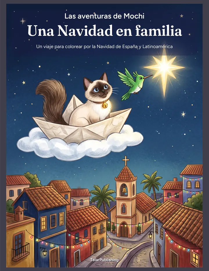 Portada de Una Navidad en familia: Mochi en un barco de papel sobre una nube, de noche, con Chispa y una estrella sobre un pueblo
